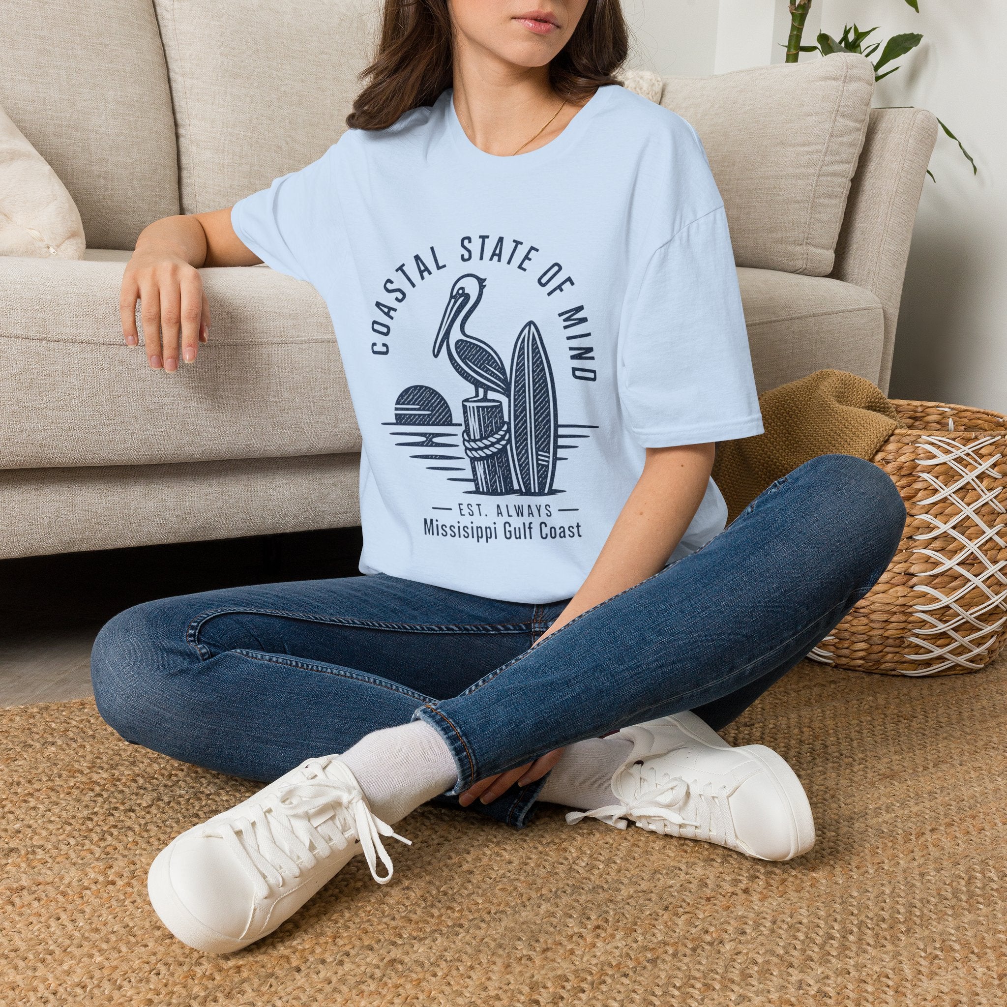 Coastal State of Mind T-Shirt — Pelican & Surfboard Beach Tee