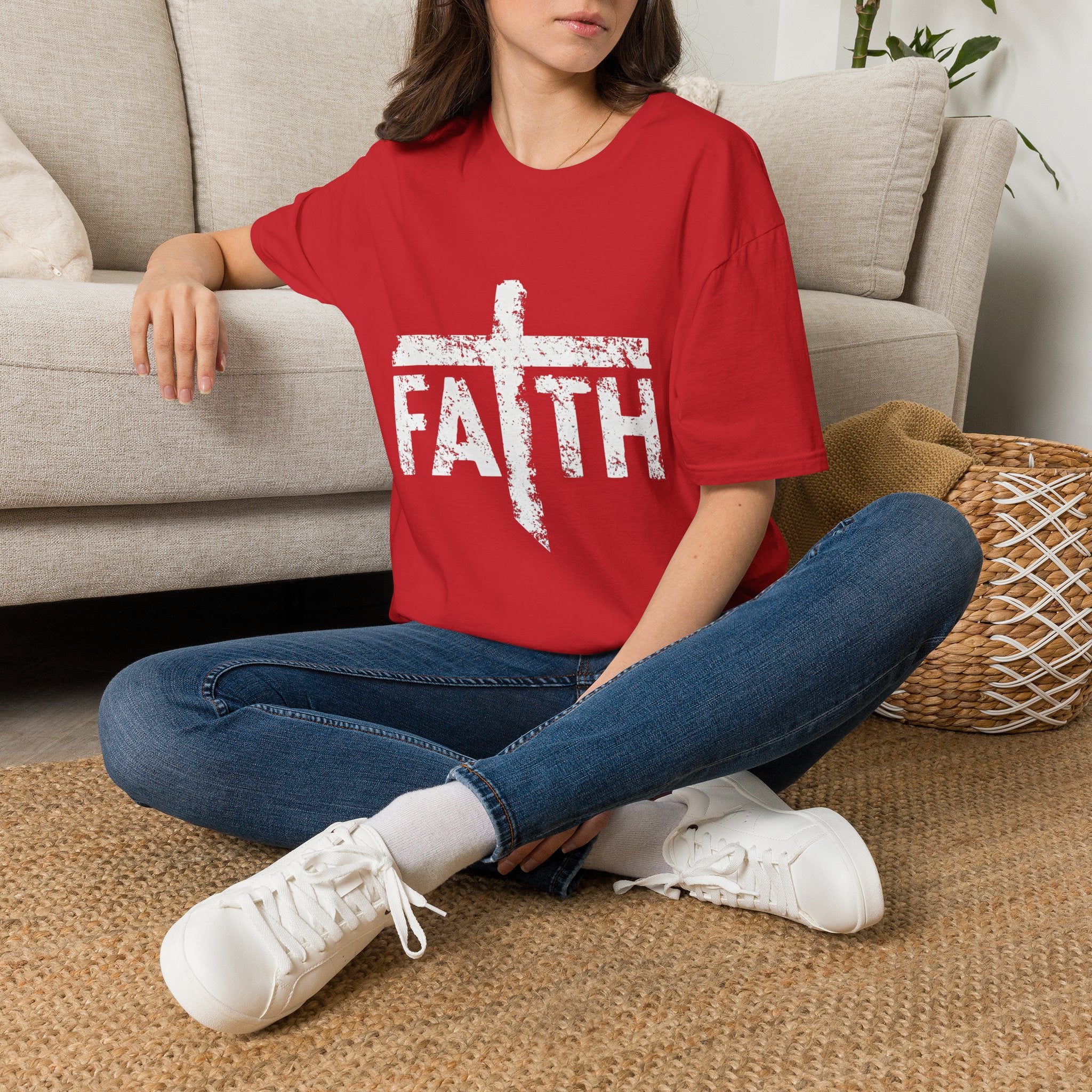 Faith White Cross Fade T-Shirt — Subtle Distressed Cross Graphic