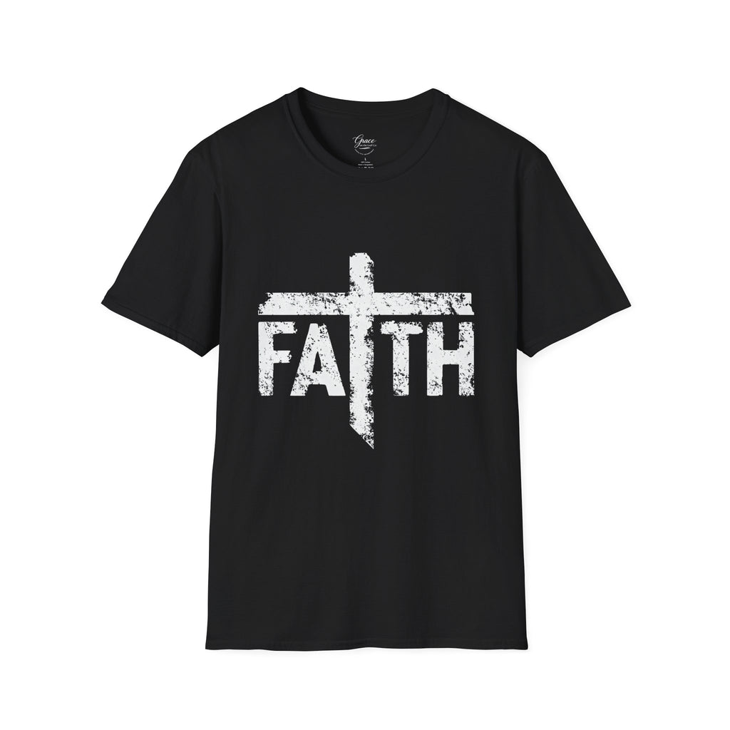 Faith White Cross Fade T-Shirt — Subtle Distressed Cross Graphic