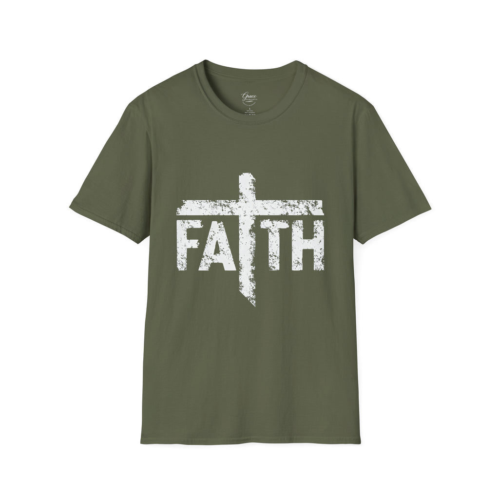Faith White Cross Fade T-Shirt — Subtle Distressed Cross Graphic