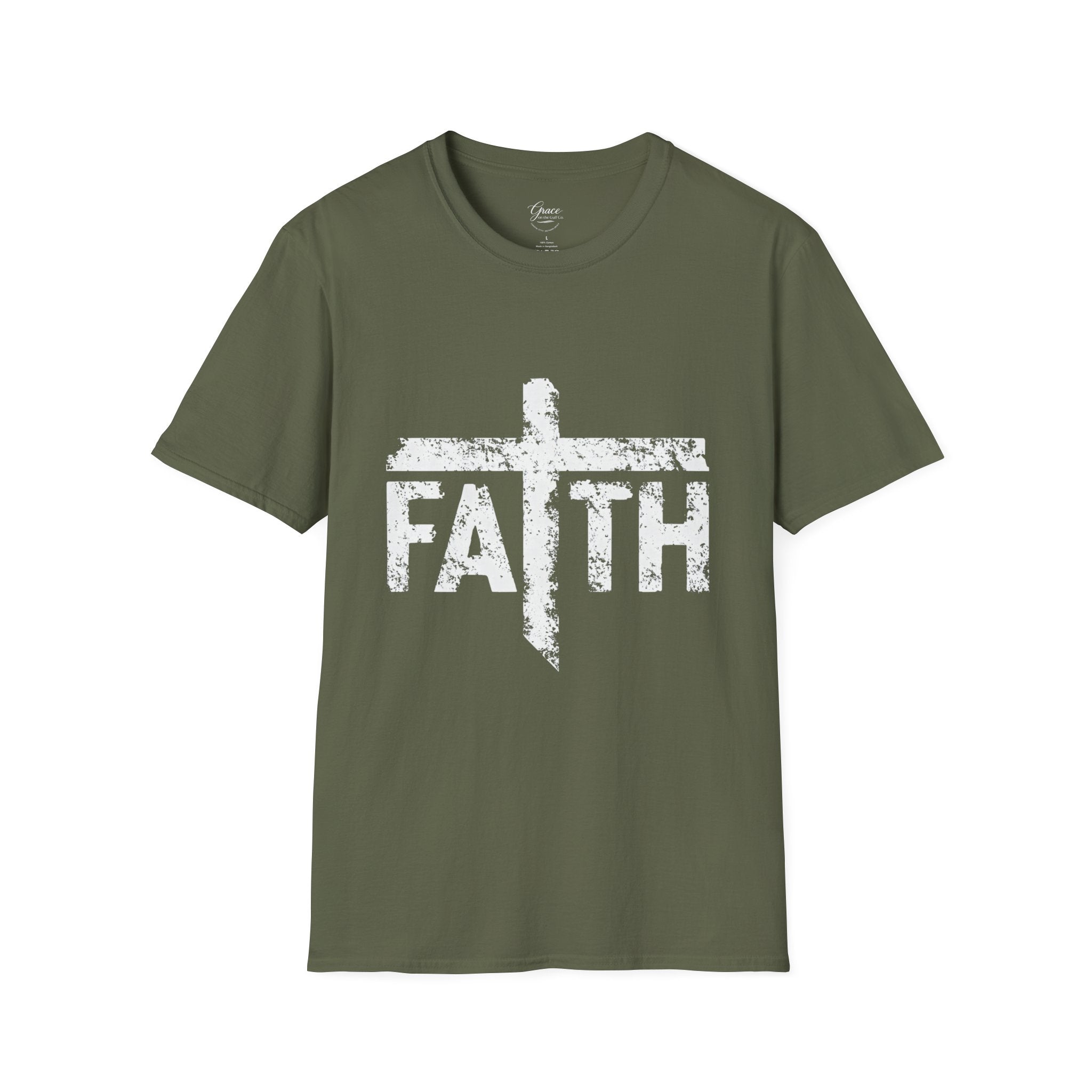 Faith White Cross Fade T-Shirt — Subtle Distressed Cross Graphic