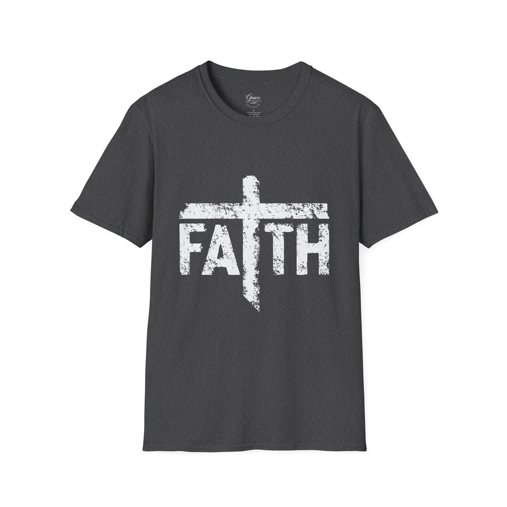 Faith White Cross Fade T-Shirt — Subtle Distressed Cross Graphic