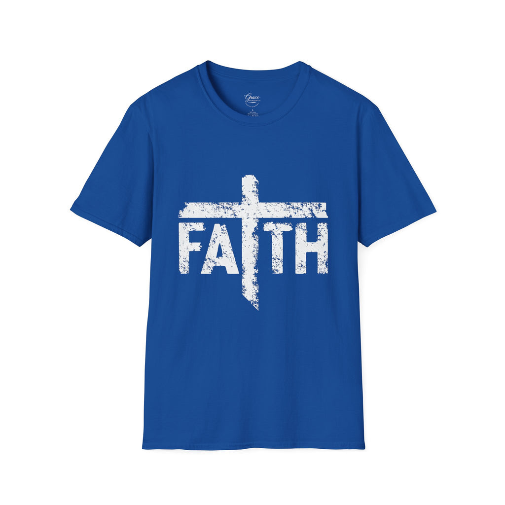 Faith White Cross Fade T-Shirt — Subtle Distressed Cross Graphic