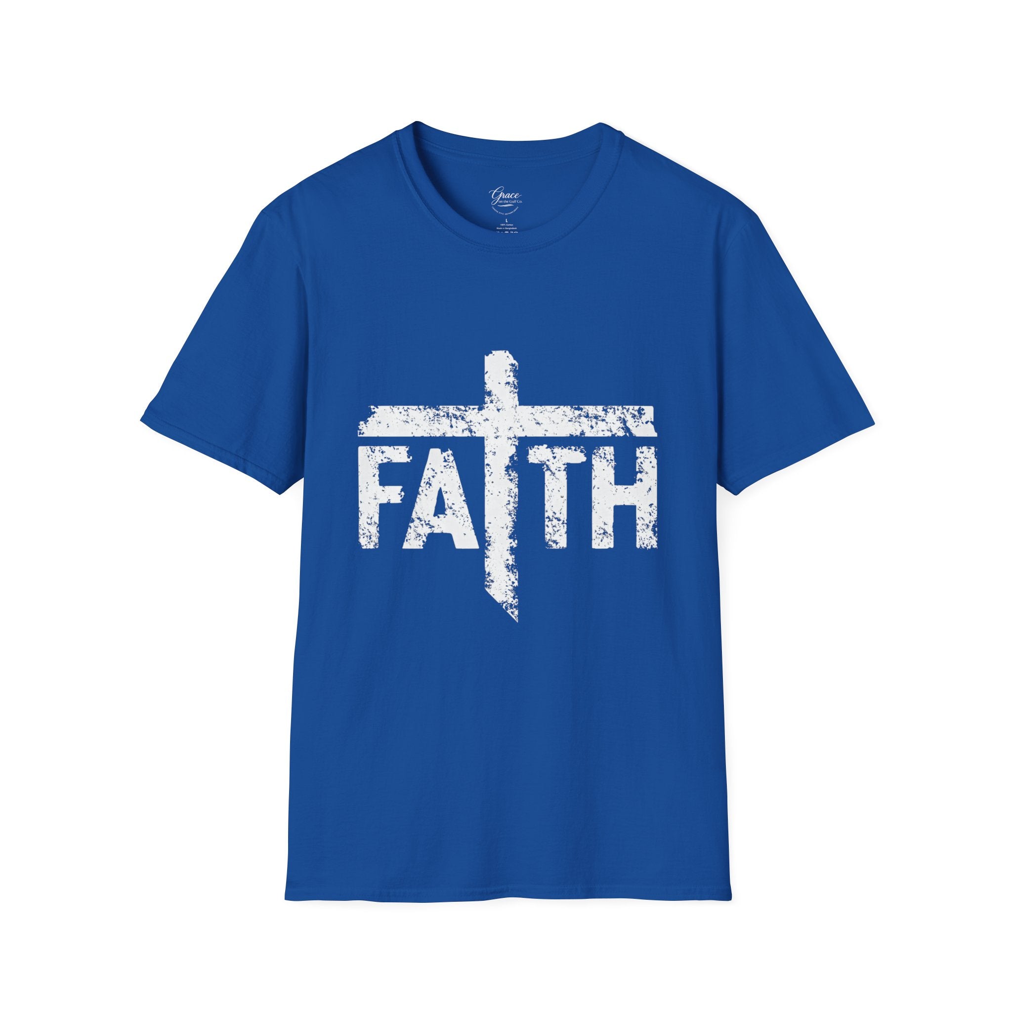 Faith White Cross Fade T-Shirt — Subtle Distressed Cross Graphic