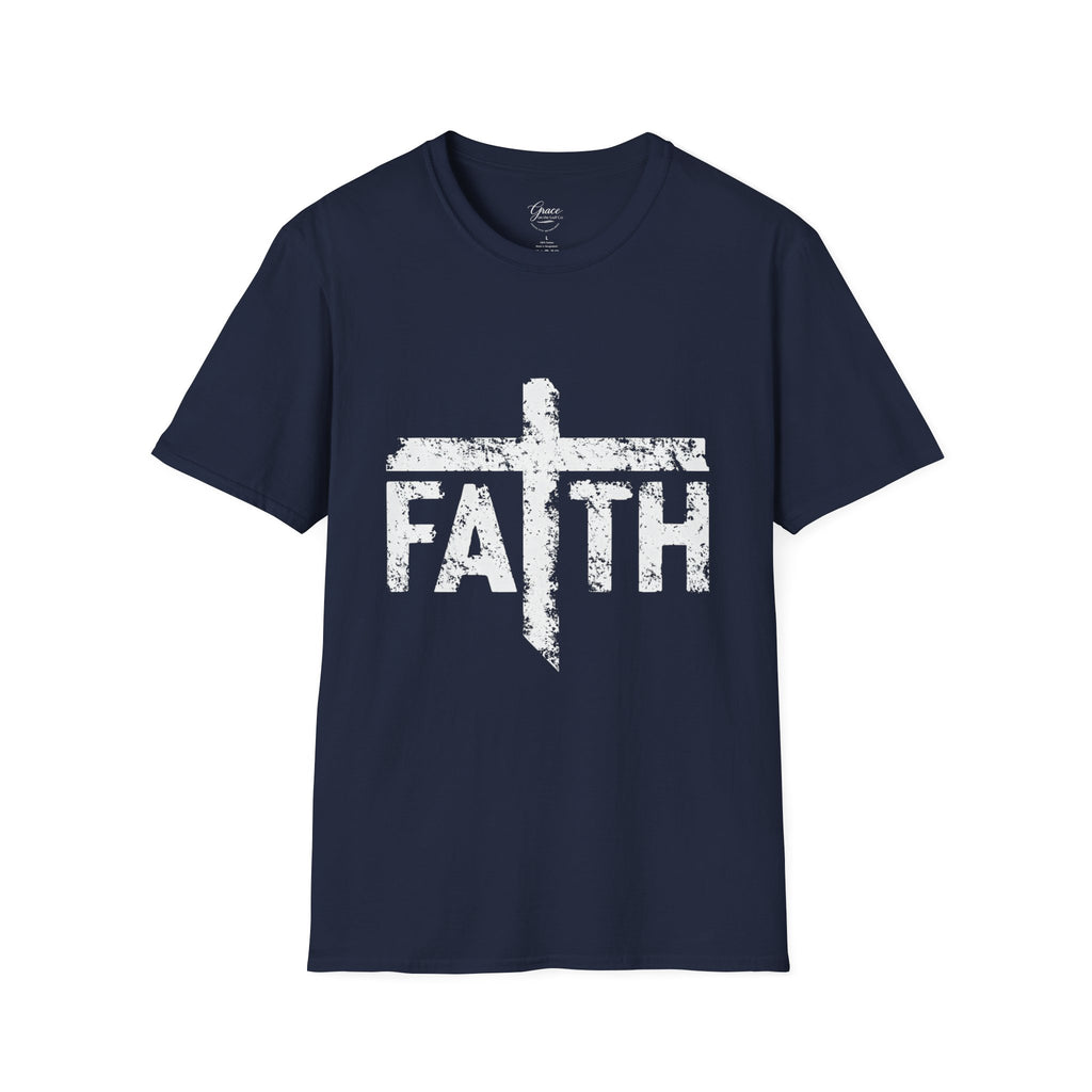 Faith White Cross Fade T-Shirt — Subtle Distressed Cross Graphic