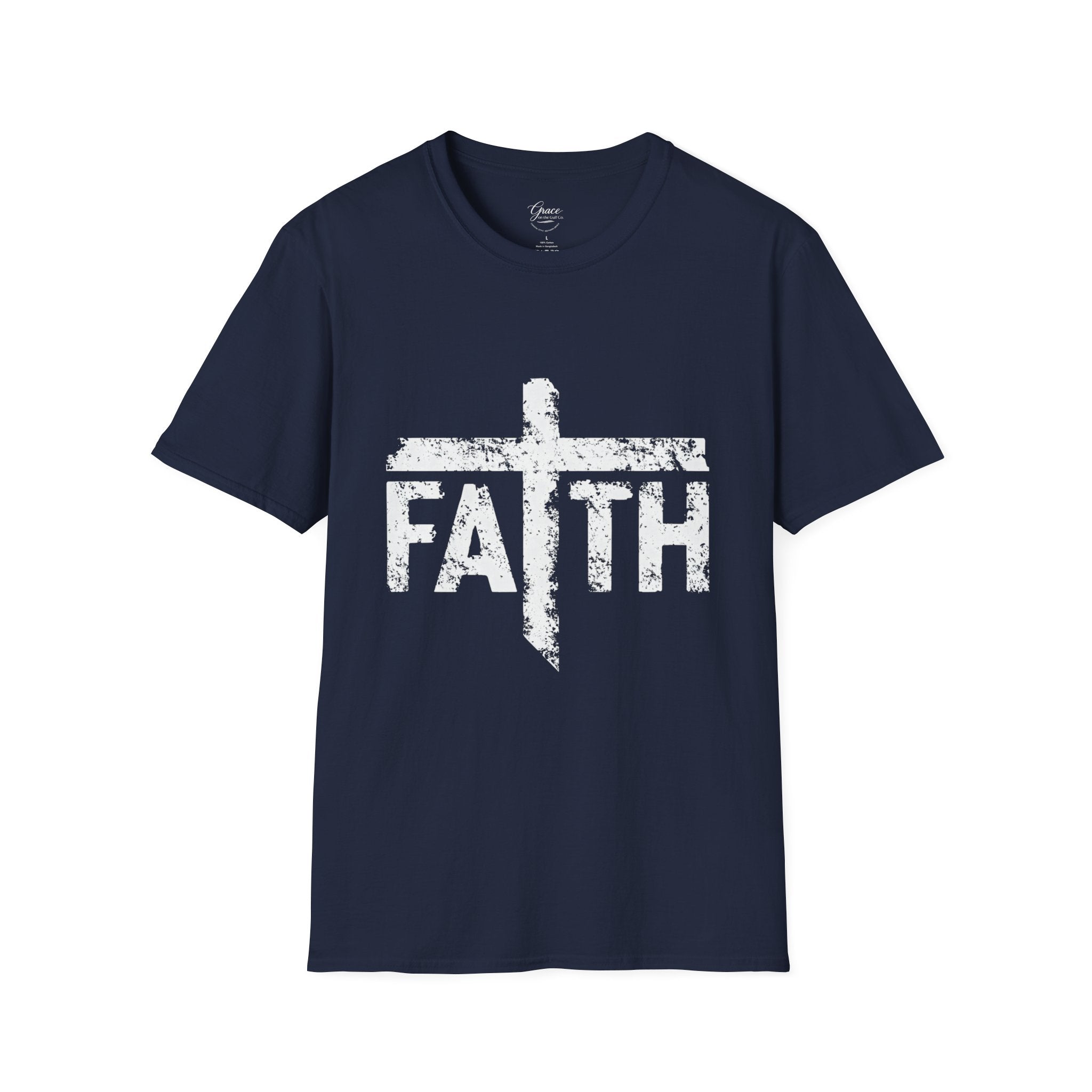 Faith White Cross Fade T-Shirt — Subtle Distressed Cross Graphic