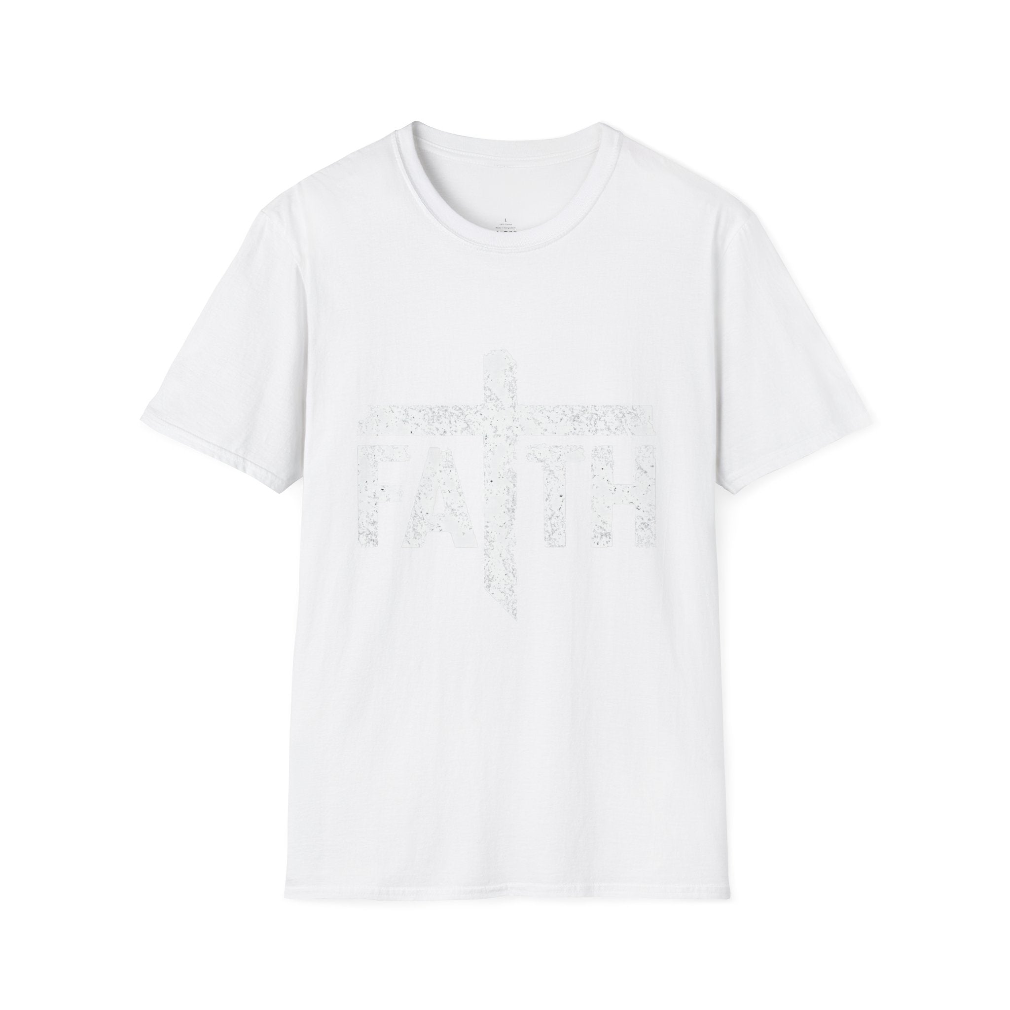 Faith White Cross Fade T-Shirt — Subtle Distressed Cross Graphic