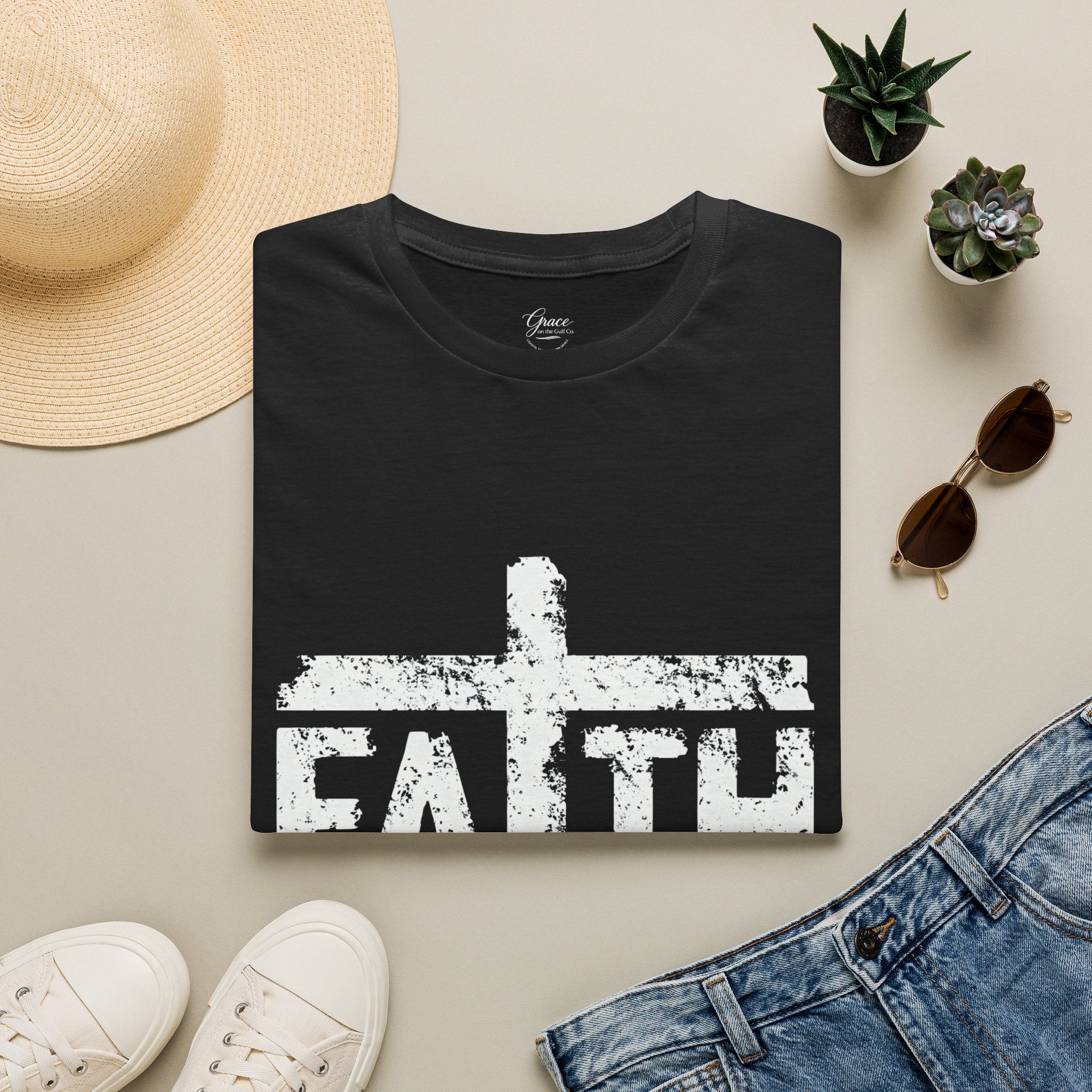 Faith White Cross Fade T-Shirt — Subtle Distressed Cross Graphic