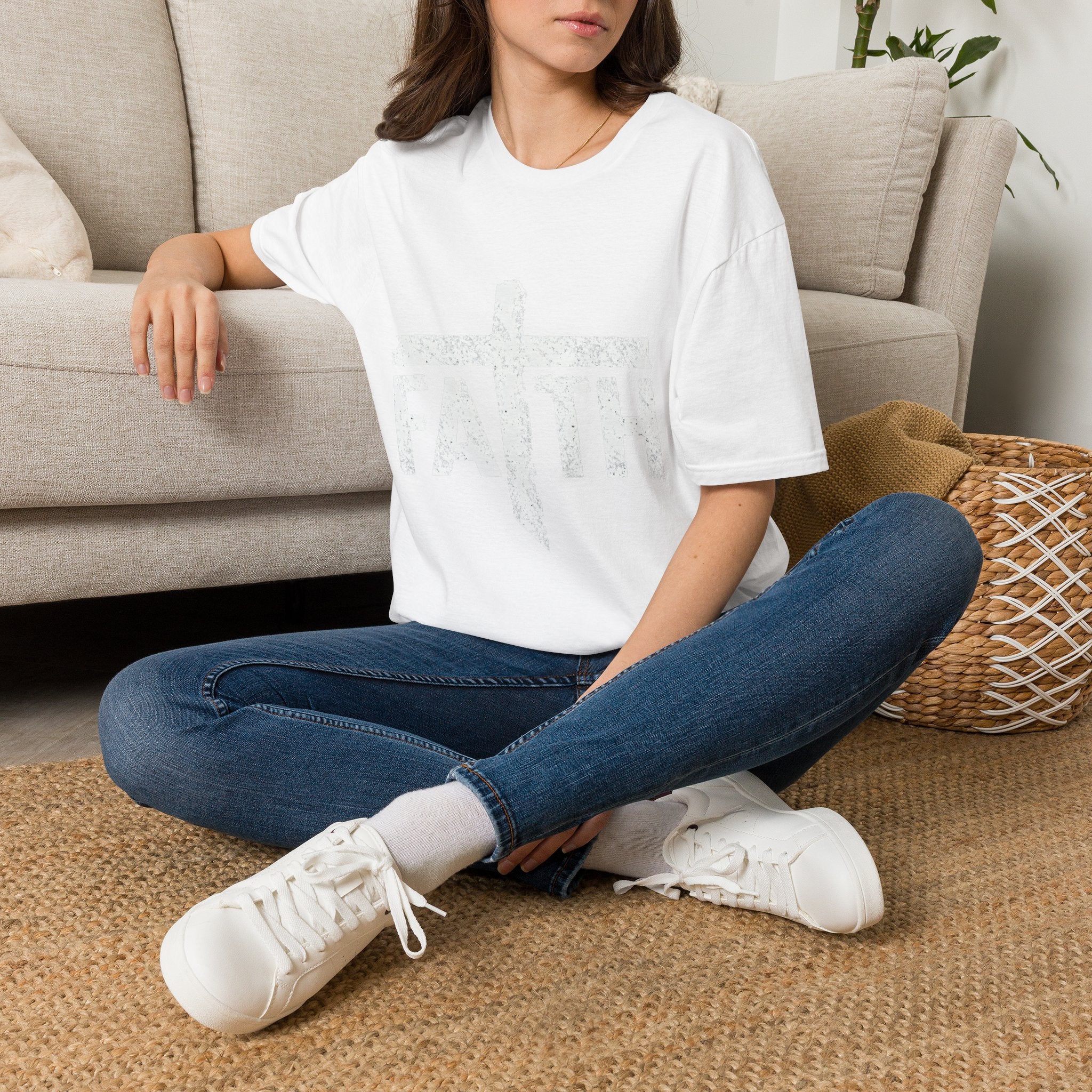 Faith White Cross Fade T-Shirt — Subtle Distressed Cross Graphic