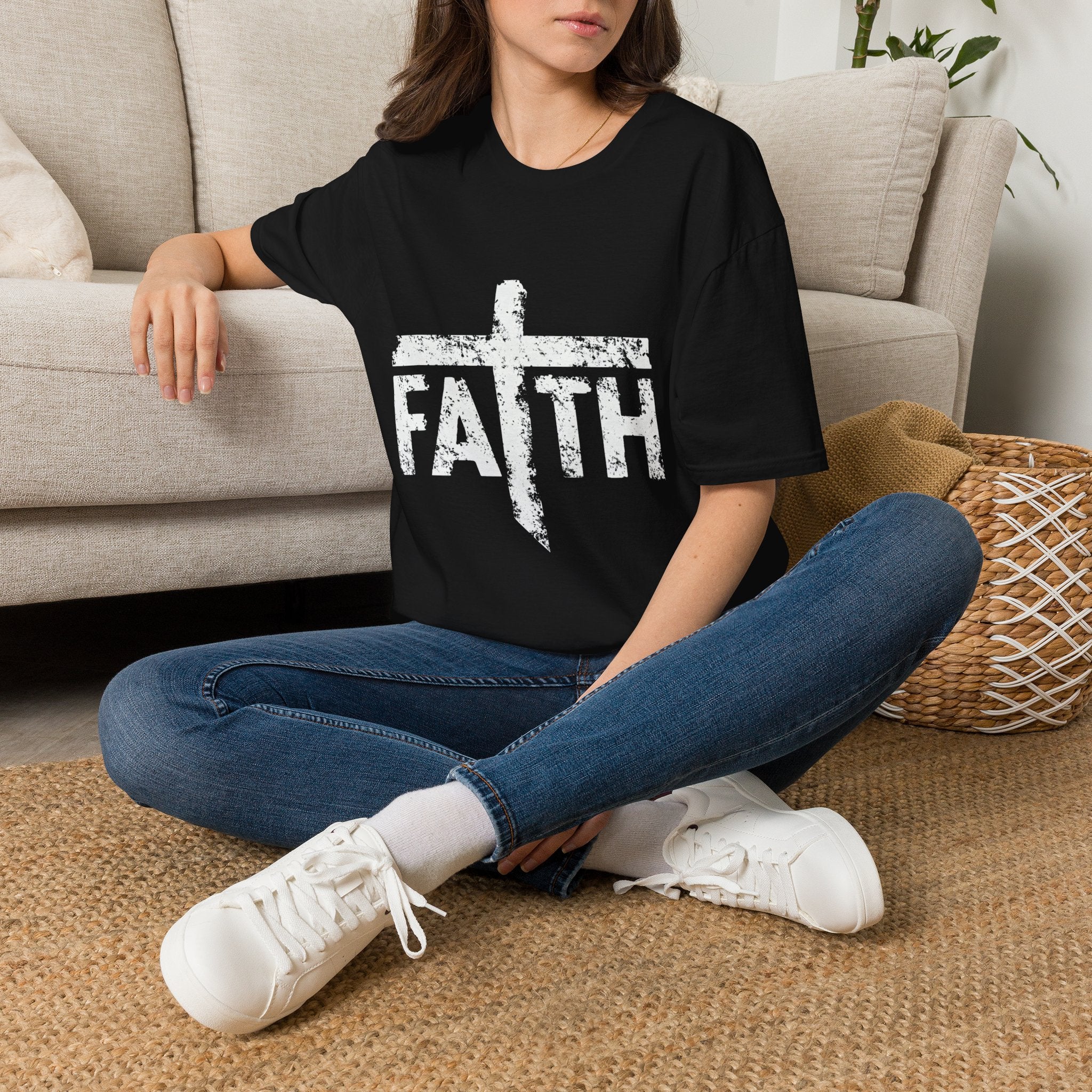 Faith White Cross Fade T-Shirt — Subtle Distressed Cross Graphic